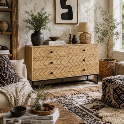 Wyld Haus Niel 6-Drawer Natural Wood Chevron Chest With Black Metal Legs 120 X 39.5 X 71 Cm - image 1