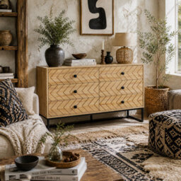 Wyld Haus Niel 6-Drawer Natural Wood Chevron Chest With Black Metal Legs 120 X 39.5 X 71 Cm