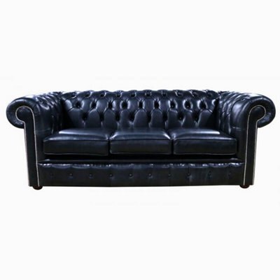 Chesterfield 3 Seater Old English Black Real Leather Sofa Bespoke In Classic Style - image 1