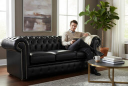 Chesterfield 3 Seater Old English Black Real Leather Sofa Bespoke In Classic Style - thumbnail 3