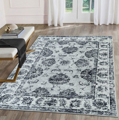 Grey Bordered Floral Rug For Bedroom, & Living Room, 7mm Thick Stain-Resistant Traditional Rug - 60Cm X 180Cm (Runner) - image 1