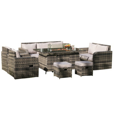 Alivio 9 Seater Rattan Furniture Set Built-In Fire Pit Table, Pe Rattan Garden Seating Anti-Uv Cushions - image 1