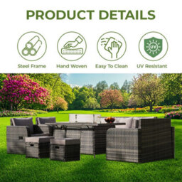 Alivio 9 Seater Rattan Furniture Set Built-In Fire Pit Table, Pe Rattan Garden Seating Anti-Uv Cushions - thumbnail 2