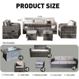 Alivio 9 Seater Rattan Furniture Set Built-In Fire Pit Table, Pe Rattan Garden Seating Anti-Uv Cushions - thumbnail 5