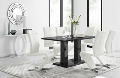 Furniturebox Imperia Black High Gloss 6 Seater Dining Table With Structural 2 Plinth Column Legs And 6 White Faux Leather Willow Chairs - image 1