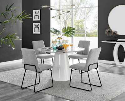Furniturebox Uk Palma White Marble Effect Round Dining Table & 4 Light Grey Halle Black Leg Chairs - image 1