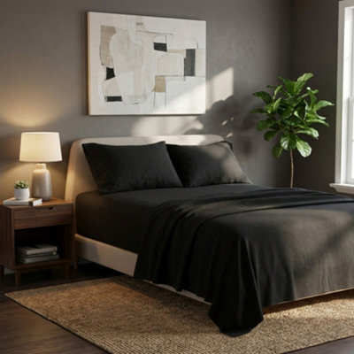 Soft Plain Brushed Cotton Fitted Flat Sheet Matching Pillowcases Set Black - image 1