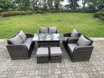 Fimous 8 Seater Pe Rattan Garden Furniture Set Reclining Chair 2 Seater Love Sofa Set Outdoor Rectangular Dining Table 2 Stools - image 1