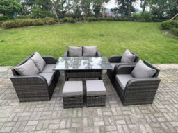 Fimous 8 Seater Pe Rattan Garden Furniture Set Reclining Chair 2 Seater Love Sofa Set Outdoor Rectangular Dining Table 2 Stools - thumbnail 1