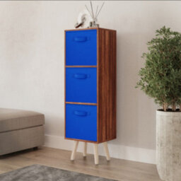 Urbn-Living Urbnliving 80Cm Height 3 Tier Teak Wooden Storage Bookcase Scandinavian Style Pine Legs With Dark Blue Inserts