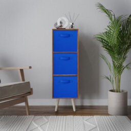 Urbn-Living Urbnliving 80Cm Height 3 Tier Teak Wooden Storage Bookcase Scandinavian Style Pine Legs With Dark Blue Inserts - thumbnail 3