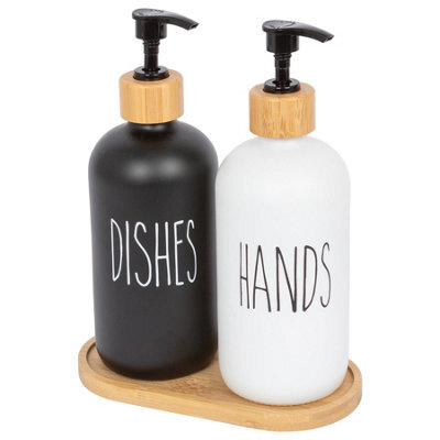 Harbour Housewares Glass Hand & Dish Soap Dispenser 500Ml With Bamboo Tray - Set Of 2 - Refillable Kitchen Bathroom White Black - image 1