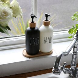 Harbour Housewares Glass Hand & Dish Soap Dispenser 500Ml With Bamboo Tray - Set Of 2 - Refillable Kitchen Bathroom White Black - thumbnail 5