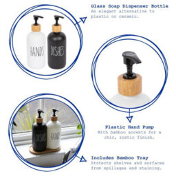 Harbour Housewares Glass Hand & Dish Soap Dispenser 500Ml With Bamboo Tray - Set Of 2 - Refillable Kitchen Bathroom White Black - thumbnail 2