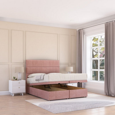 Sloomy Texas End Lift Ottoman Bed 4Ft With Sprung Memory Mattress - Pink Plush & Headboard- Small Double - image 1