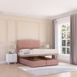 Sloomy Texas End Lift Ottoman Bed 4Ft With Sprung Memory Mattress - Pink Plush & Headboard- Small Double - thumbnail 1