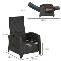 Outsunny Garden Recliner W/ Cushion, Reclining Rattan Chair, Dark Grey/brown - thumbnail 3