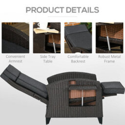 Outsunny Garden Recliner W/ Cushion, Reclining Rattan Chair, Dark Grey/brown - thumbnail 6