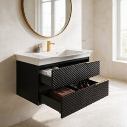 Bathroom City Elvia 950mm Black & Gold Vanity Unit With Basin - Wide Diamond Front Bathroom Furniture, 2 Soft-Close Drawers - Gold Handle - thumbnail 4