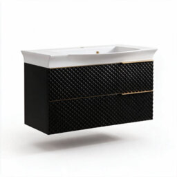 Bathroom City Elvia 950mm Black & Gold Vanity Unit With Basin - Wide Diamond Front Bathroom Furniture, 2 Soft-Close Drawers - Gold Handle - thumbnail 5