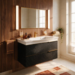 Bathroom City Elvia 950mm Black & Gold Vanity Unit With Basin - Wide Diamond Front Bathroom Furniture, 2 Soft-Close Drawers - Gold Handle - thumbnail 1