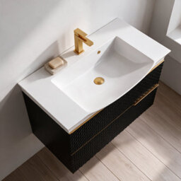 Bathroom City Elvia 950mm Black & Gold Vanity Unit With Basin - Wide Diamond Front Bathroom Furniture, 2 Soft-Close Drawers - Gold Handle - thumbnail 2