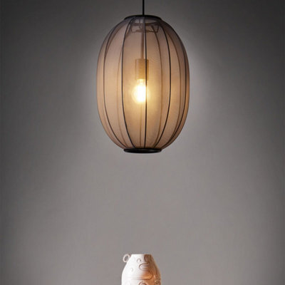 Beliani Hanging Pendant Lamp Black Oval Pleated Nylon Shade, Diffused Warm White Light, Adjustable Height - image 1