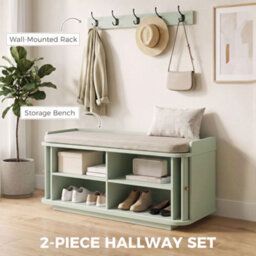 Homcom Hallway Furniture Set With Shoe Bench And Coat Rack, Light Green - thumbnail 4