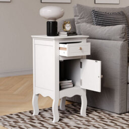 Living And Home White Country Style Wooden Night Stand Table With Drawer And Door - thumbnail 2