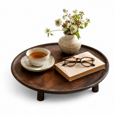 Round Mango Wood Tray With Legs Footed Decorative Coffee Table Stand Home Décor - image 1