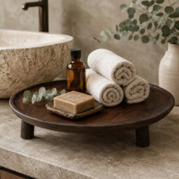 Round Mango Wood Tray With Legs Footed Decorative Coffee Table Stand Home Décor - thumbnail 4