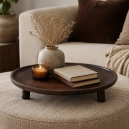 Round Mango Wood Tray With Legs Footed Decorative Coffee Table Stand Home Décor - thumbnail 3