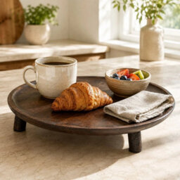 Round Mango Wood Tray With Legs Footed Decorative Coffee Table Stand Home Décor - thumbnail 2
