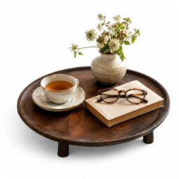 Round Mango Wood Tray With Legs Footed Decorative Coffee Table Stand Home Décor - thumbnail 1