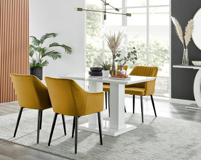 Furniturebox Uk 4 Seater Dining Set - Imperia White High Gloss Dining Table And Chairs - 4 Mustard Calla Black Leg Chairs