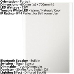 500 X 700mm Led Bathroom Mirror With Bluetooth Speaker - Ip44 Demister & Dimmable White Lighting - thumbnail 3