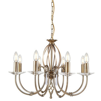 Elegant 8 Bulb Chandelier With Cut Glass Droplets And Aged Brass Finish - image 1