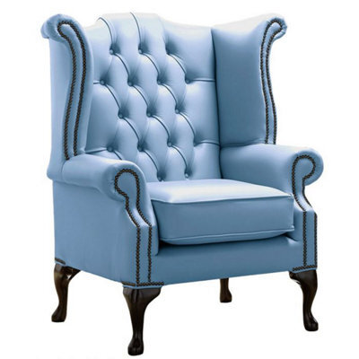 Chesterfield High Back Wing Chair Shelly Haze Leather Bespoke In Queen Anne Style - image 1