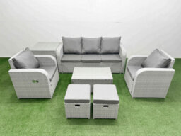 Fimous Pe Rattan Garden Furniture Set Reclining Chair Lounge Sofa Set Oblong Coffee Table Side Table 2 Small Stools Light Grey - thumbnail 2