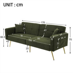 Abrihome Sofa Bed, Three Adjustable Backrest Angles, Gold Legs, Cushions And Side Storage Pockets, Green - thumbnail 7