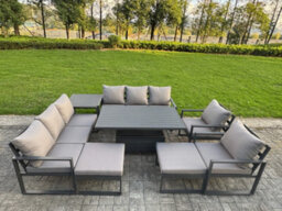 Fimous Garden Aluminium Furniture Set 10 Seater Outdoor Patio Adjustable Rising Lifting Dining Table With 2 Big Stools Side Table - thumbnail 1