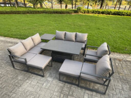 Fimous Garden Aluminium Furniture Set 10 Seater Outdoor Patio Adjustable Rising Lifting Dining Table With 2 Big Stools Side Table - thumbnail 2