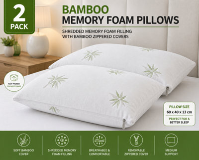 2 Pack Bamboo Memory Foam Pillows 60 X 40 X 13Cm With Bamboo Zipped Covers, Shredded Memory Foam Bed Pillows, Medium Support - image 1