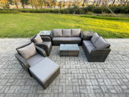 Fimous 8 Seater Rattan Wicker Garden Furniture Patio Sofa Set With Rectangular Coffee Table 3 Seater Sofa Love Sofa Big Footstool - thumbnail 1
