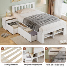 Matteo White 3Ft Single Wooden Storage Bed With Integrated Bedside Table & 2 Under-Bed Drawers, 90X190Cm - thumbnail 6