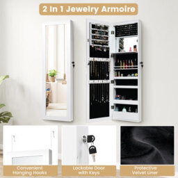 Costway Wall-Mounted Jewelry Storage Cabinet Door Hanging Jewelry Armoire W/ Full Mirror - thumbnail 3