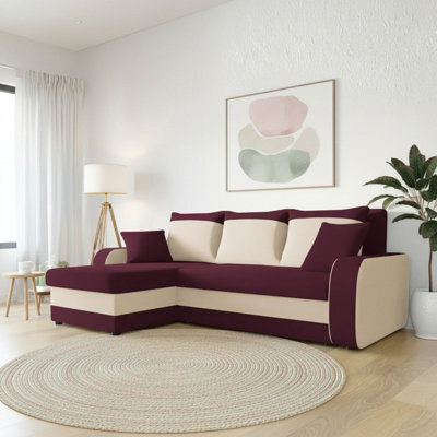 Kris M Corner Sofa Bed With Two Bedding Storage Compartments Polyurethane Foam Frame Plastic Legs 238X147X80Cm Burgundy And Cream - image 1