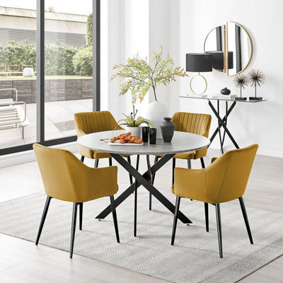 Furniturebox Uk Novara Grey Concrete Effect Black Leg 120Cm Round Dining Table & 4 Mustard Calla Black Leg Chairs