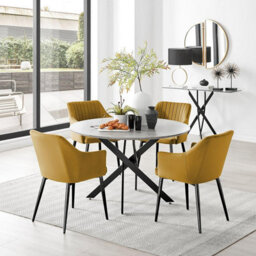 Furniturebox Uk Novara Grey Concrete Effect Black Leg 120Cm Round Dining Table & 4 Mustard Calla Black Leg Chairs - thumbnail 1