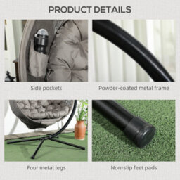Outsunny Hanging Swing Chair W/ Metal Stand & Side Pocket, Sand - thumbnail 7